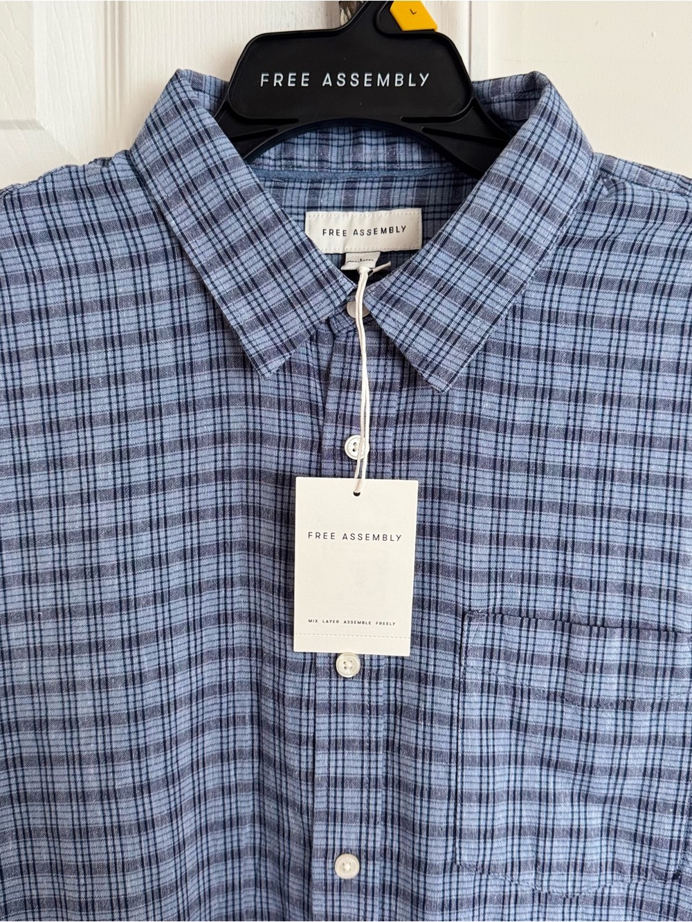 Free Assembly Men’s Linen Blend Plaid Button Down Shirt L Blue Relaxed Fit - Picture 4 of 16